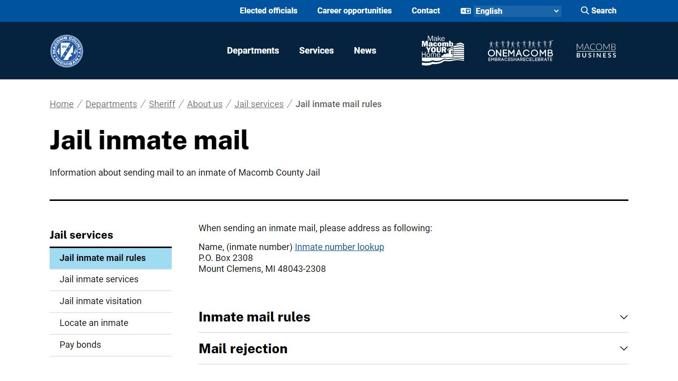 Jail inmate mail - Macomb County